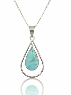 Vintage Mexican 950 Fine Silver Turquoise Teardrop Necklace
